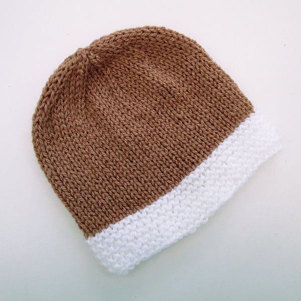 Hand knitted baby hat in mocha brown and white, 100% acrylic, new baby gift