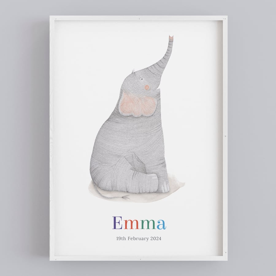 Custom cute elephant art print: 1st birthday gift, Safari nursery decor