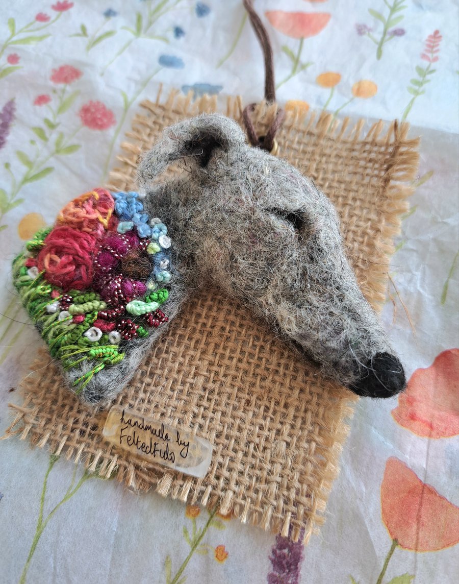 Needle Felted Sleepy Greyhound Brooch