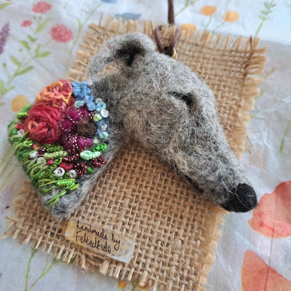 Needle Felted Sleepy Greyhound Brooch