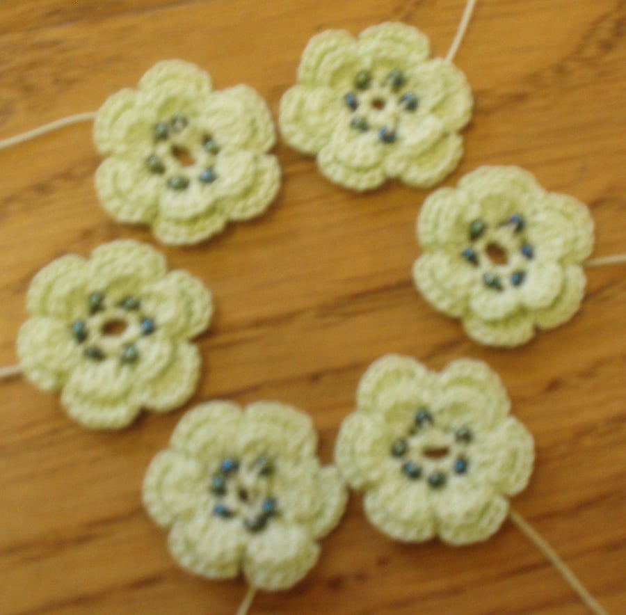6 HANDMADE COTTON FLOWERS - APPLE GREEN & BEADS - FOR USE IN CRAFTS & PROJECTS