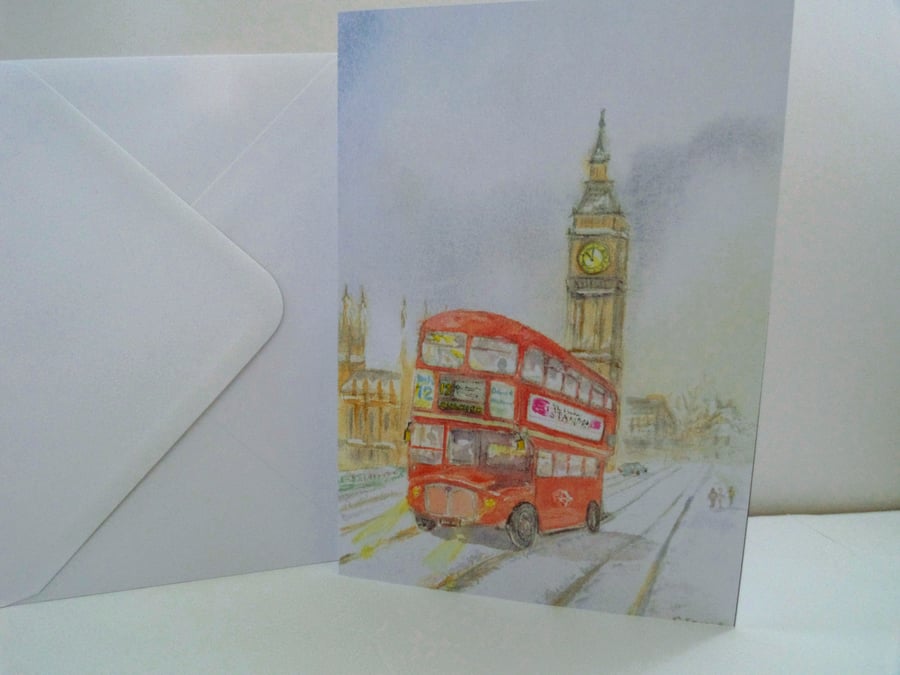 A5 card Routemaster London bus winter Christmas scene from original watercolour