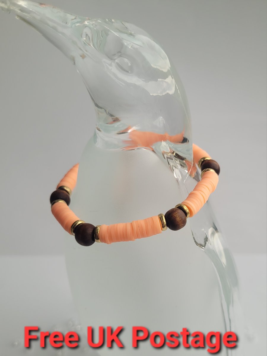 Polymer clay and wood bead bracelet