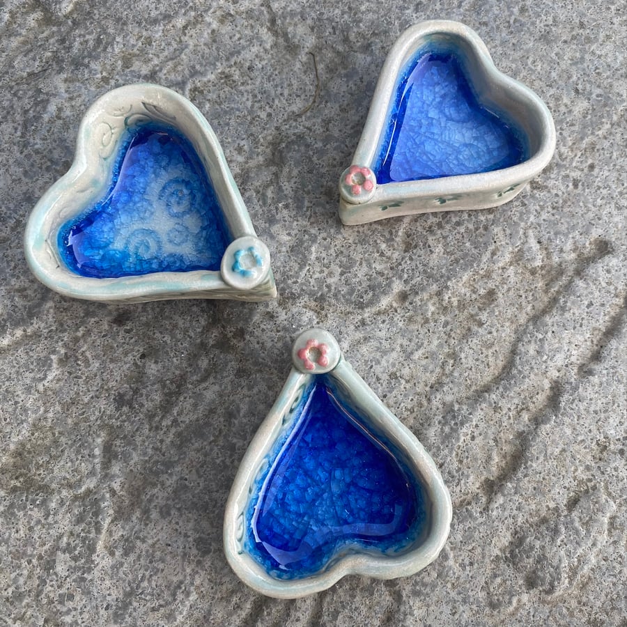 Heart trinket pots with blue glass