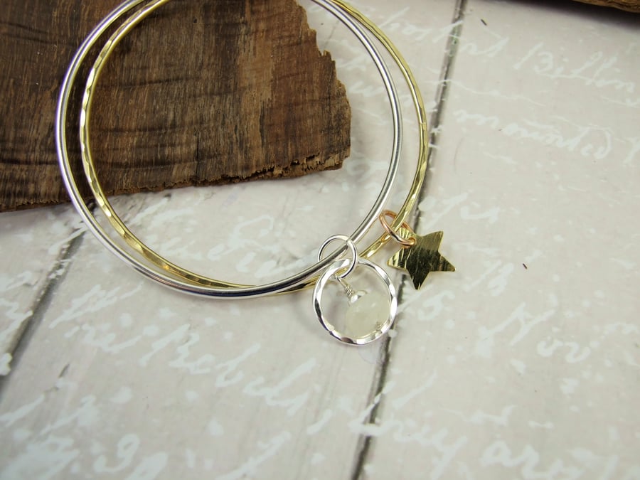 Sterling Silver and Brass Charm Bangle Set. Moon and Star, Moonstone Bangle