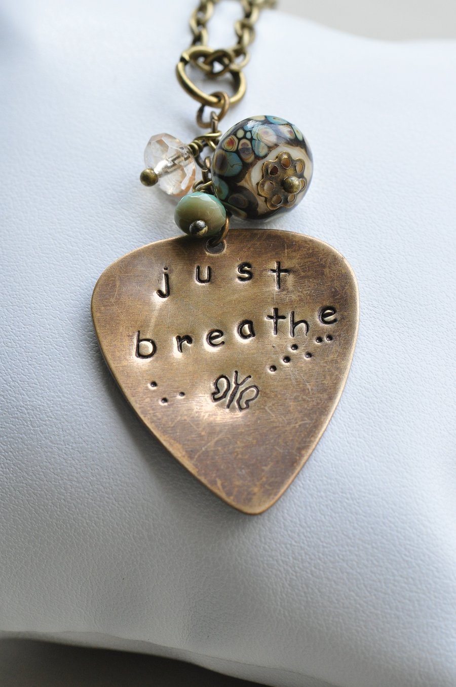 Just Breathe Hand Stamped Vintaj, Lampwork & Glass Necklace