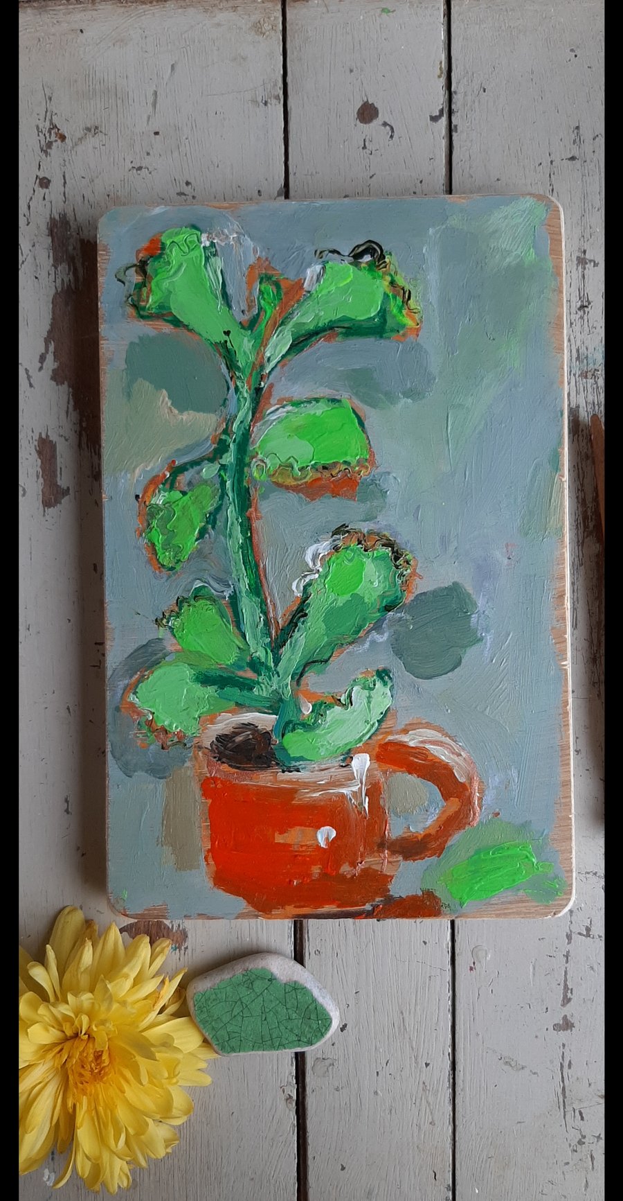 Succulent still life painting on thick reclaimed wood
