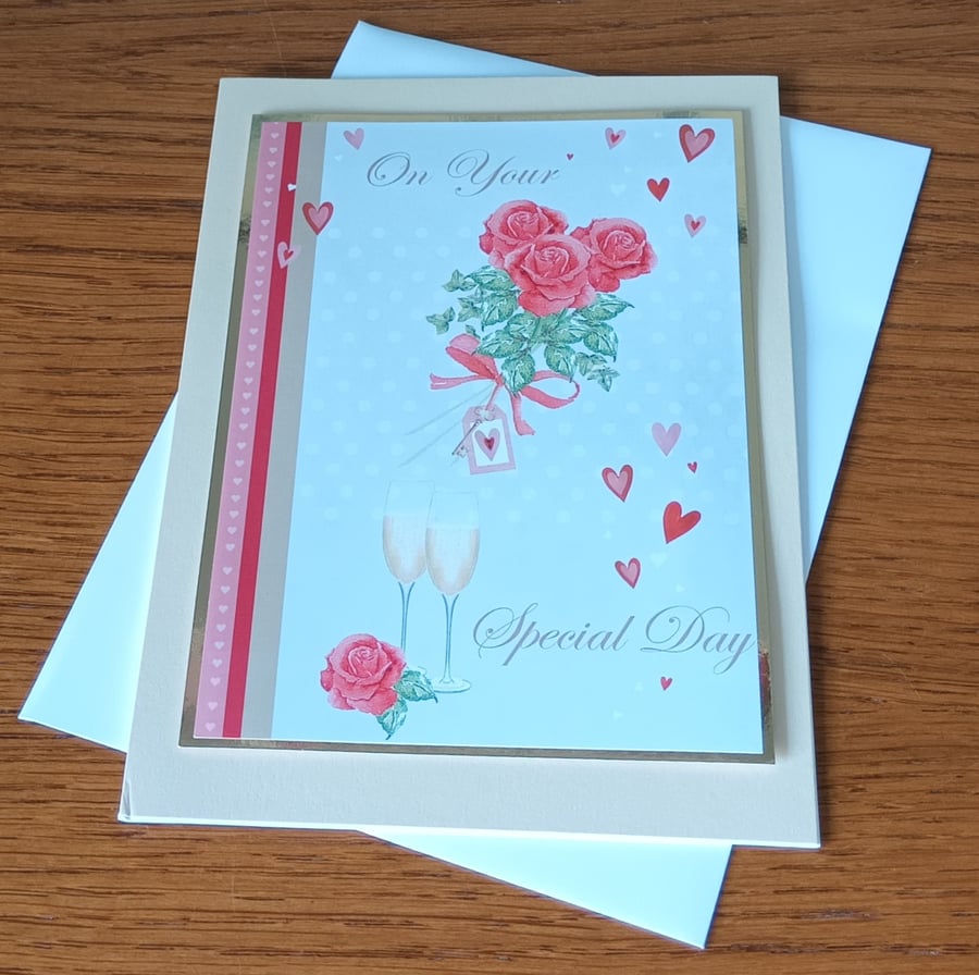Wedding card with champagne and roses
