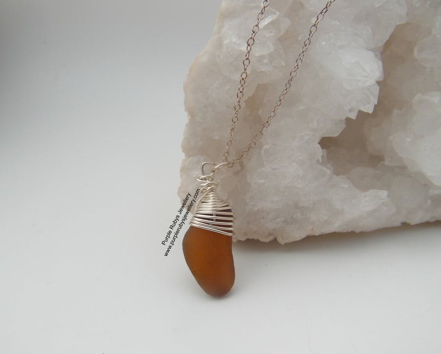 Amber Cornish Sea Glass Necklace, Sterling Silver N394