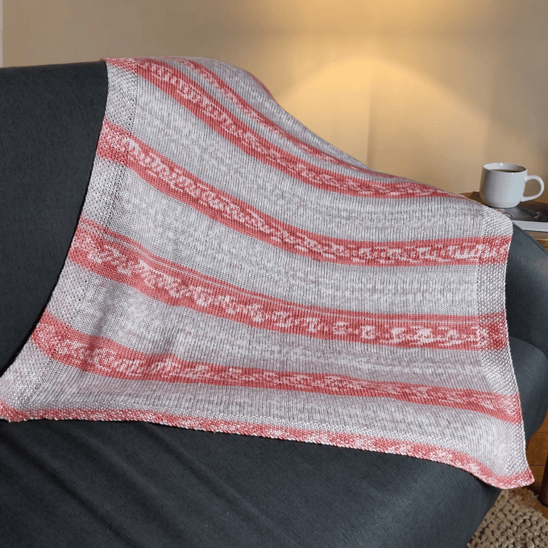 Hand Knitted Baby Blanket Fair Isle Pram Shawl in Salmon Pink, Beige and Cream