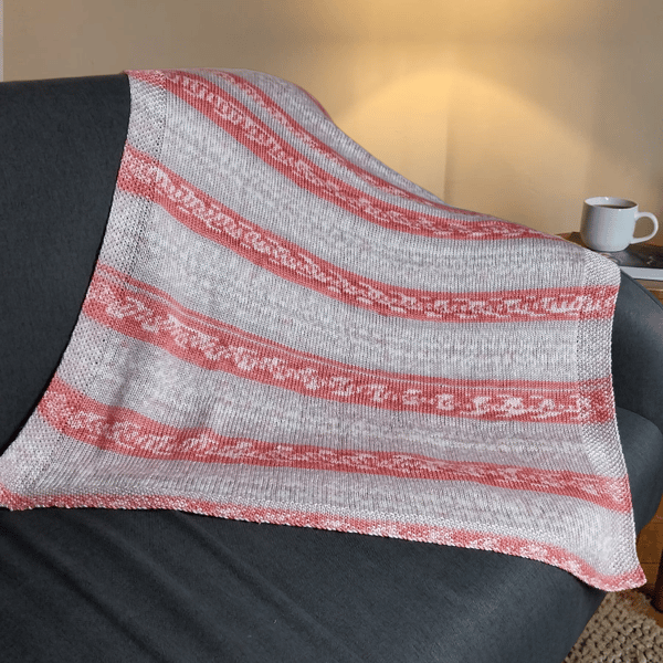 Hand Knitted Baby Blanket Fair Isle Pram Shawl in Salmon Pink, Beige and Cream