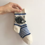 READY TO SHIP Children Kids Socks White Wool Hedgehog Blue White Fair Isle