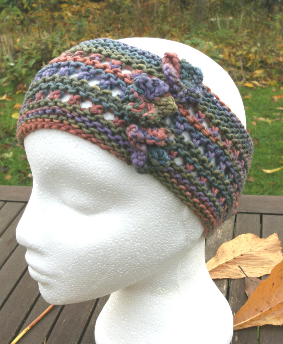 Hand-dyed & Knit Cotton Lacy Headband with flowers-Multi