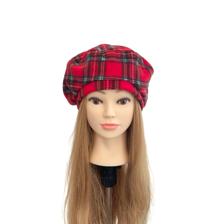 Red Tartan French Beret Hat Retro Fleece Winter Beret Hat 