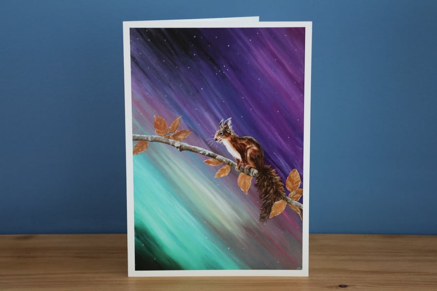 Red Squirrel Northern Lights Blank Greetings Card