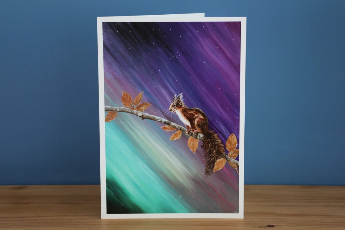 Red Squirrel Northern Lights Blank Greetings Card