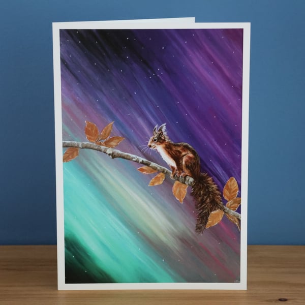 Red Squirrel Northern Lights Blank Greetings Card