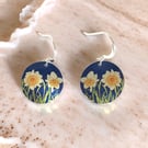 Daffodil earrings, 19mm yellow blue discs, sterling silver ear wires (814)