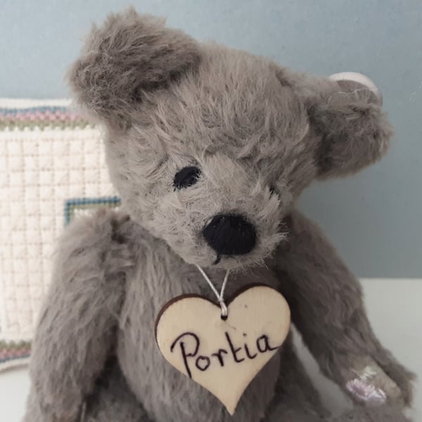 Teddy bear & cushion, OOAK mini collectable artist bear & needlepoint cushion 