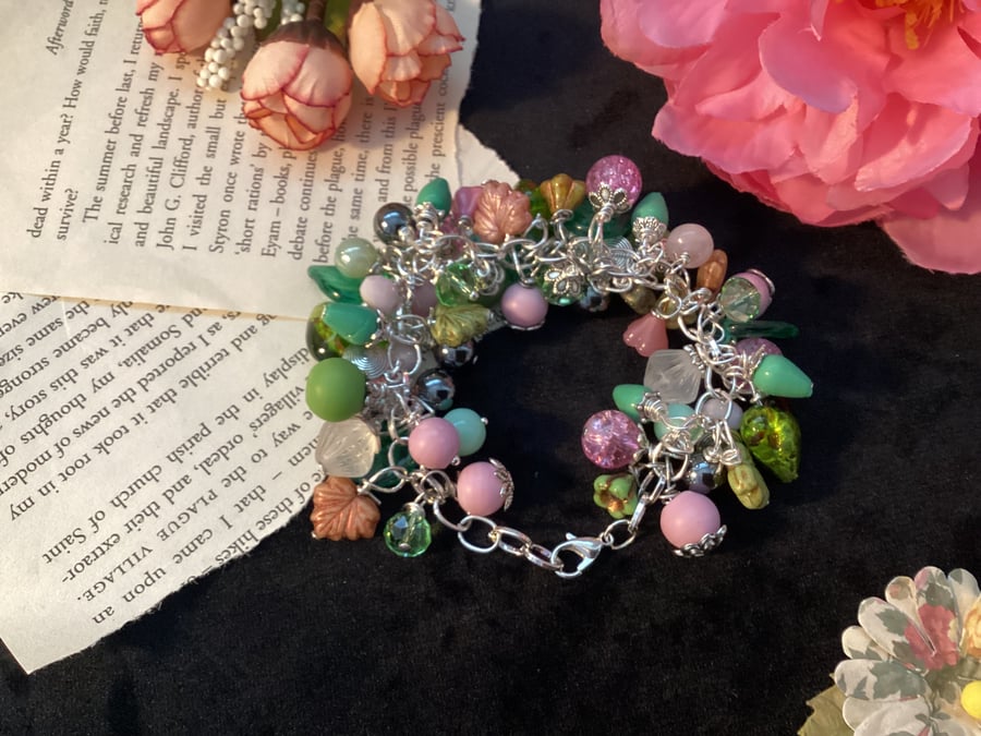 Charm bracelet Beautiful pink and green glass beaded adjustable charm bracelet 