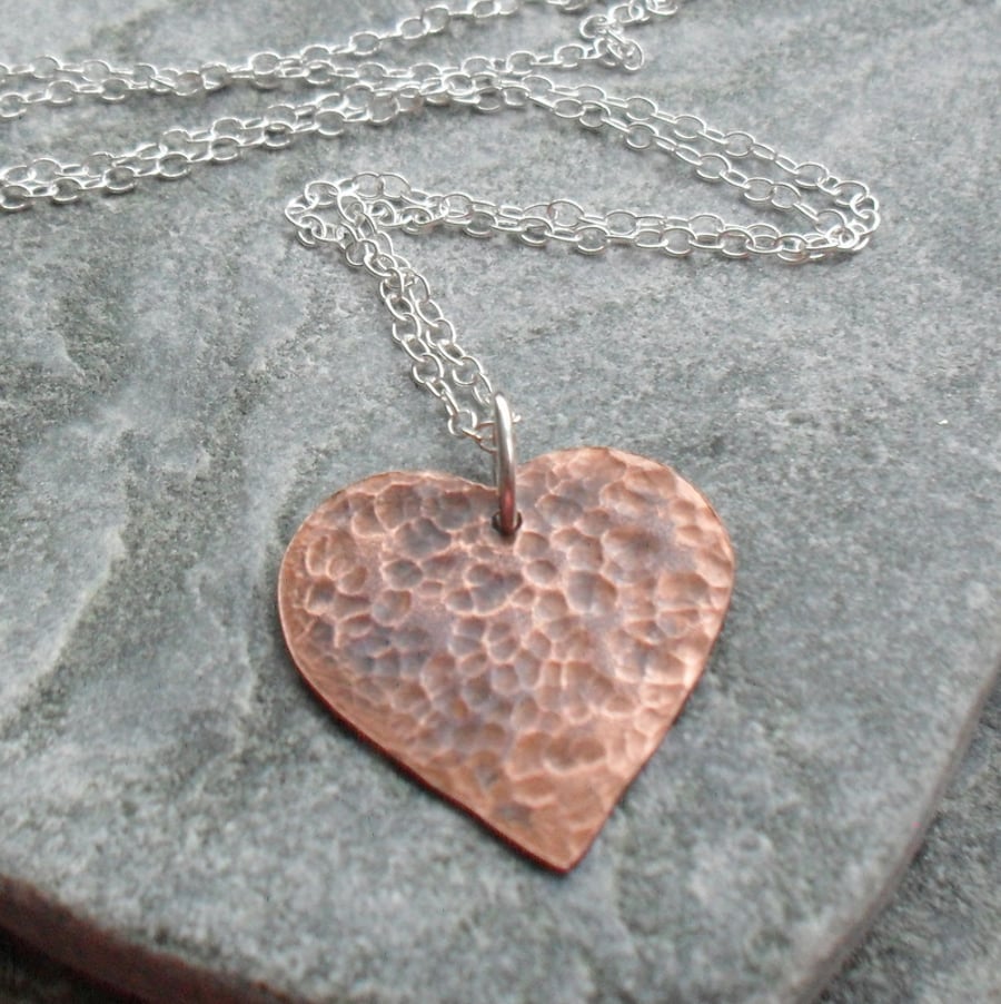 Vintage Copper Heart Pendant With Sterling Silver Chain