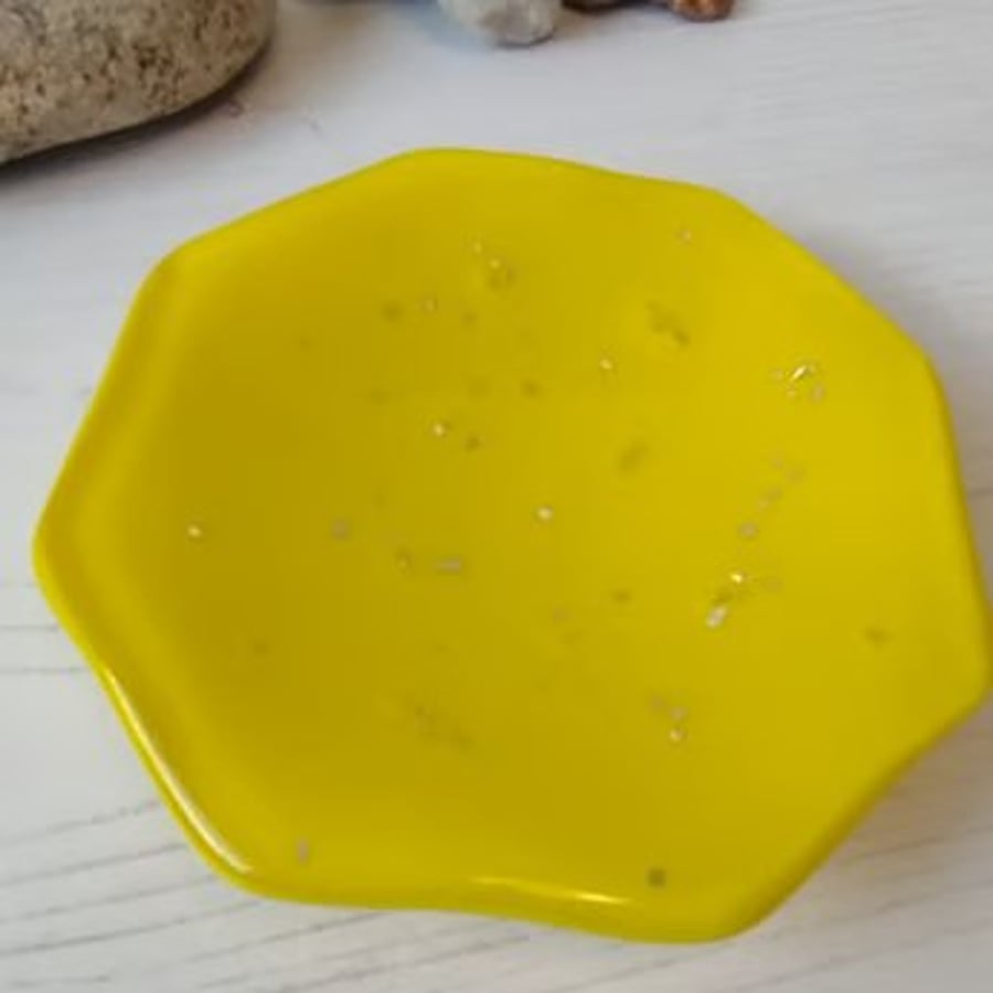 Yellow Sparkles Octagonal Fused Glass Dip Dish, Earring or Trinket Dish