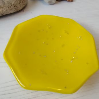Yellow Sparkles Octagonal Fused Glass Dip Dish, Earring or Trinket Dish