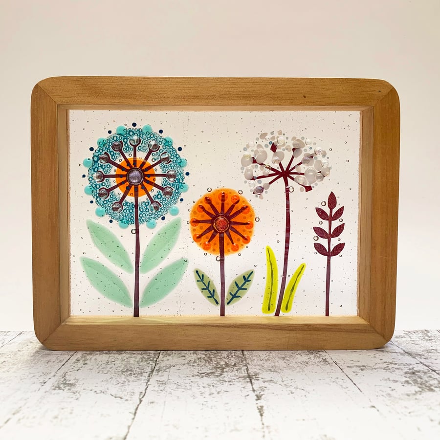 Fused Glass Meadowsweet Flower Picture - Freestanding Framed Fused Glass Picture