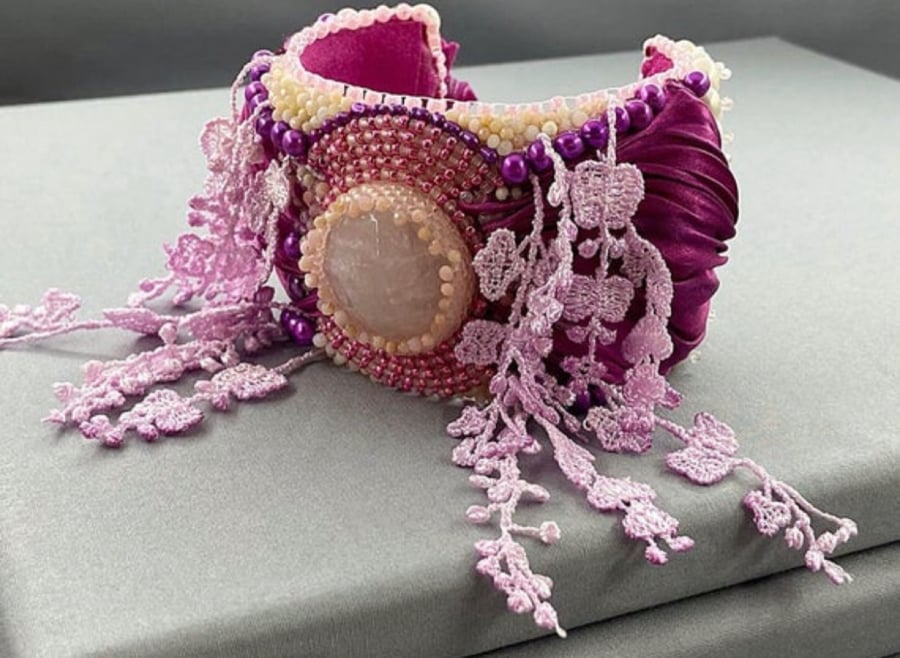 Rose Quartz, Hot Pink Shibori Silk & Pink Lace Pearl Beaded Wide Cuff Bracelet 