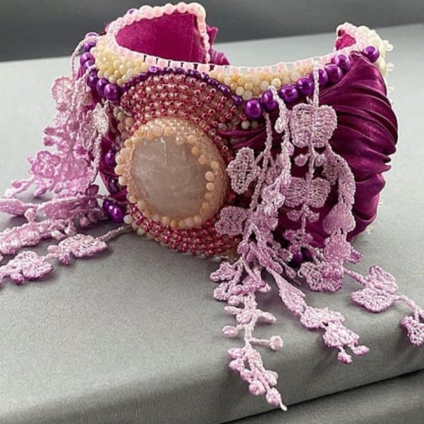 Rose Quartz, Hot Pink Shibori Silk & Pink Lace Pearl Beaded Wide Cuff Bracelet 