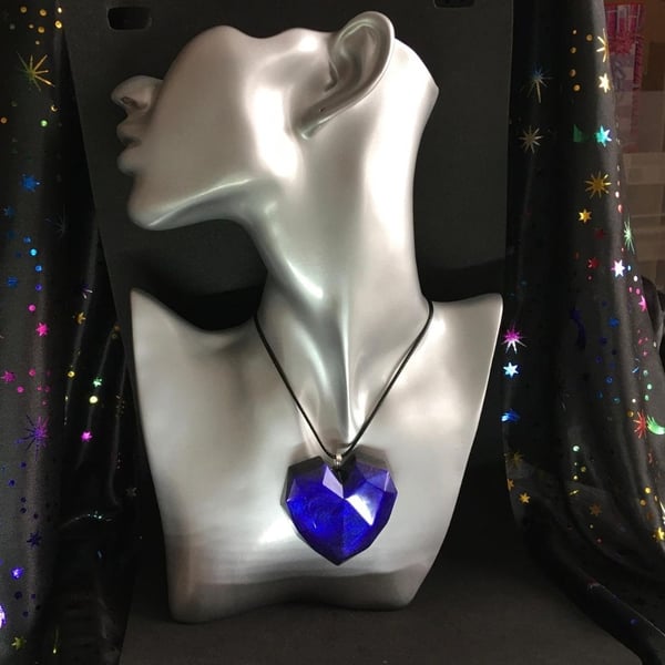 Purple iridescent large heart statement resin and ink necklace.