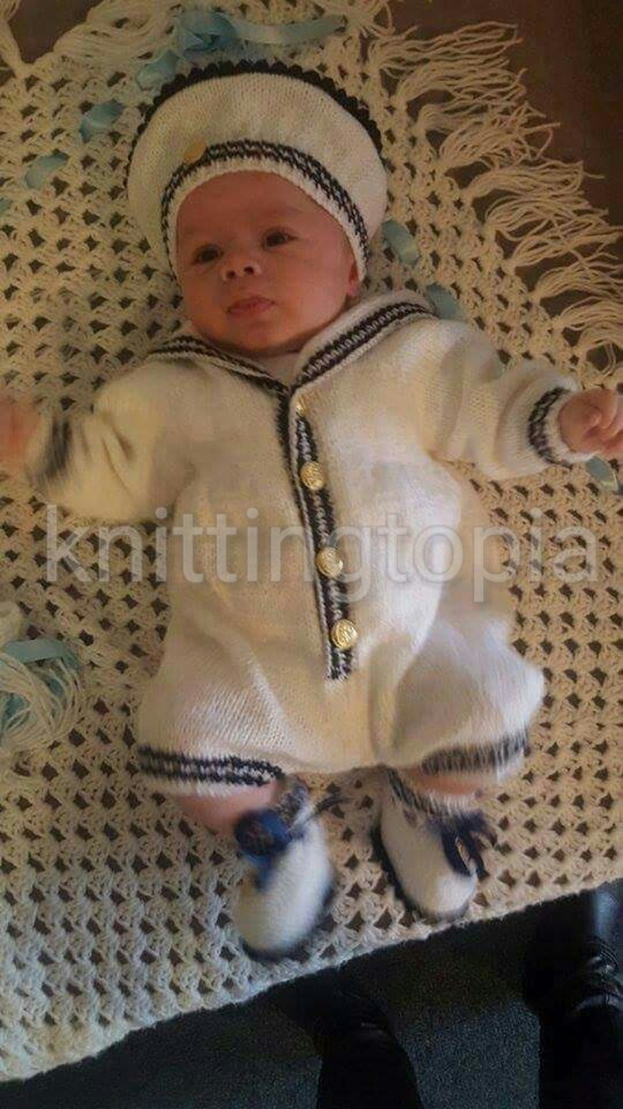 Hand knitted baby sailor romper hat and booties set made to order 0 - 6 months