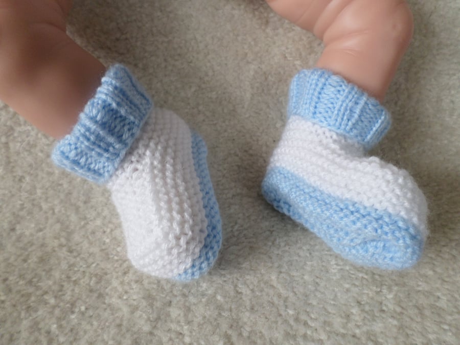 Hand knitted Baby booties white and blue 