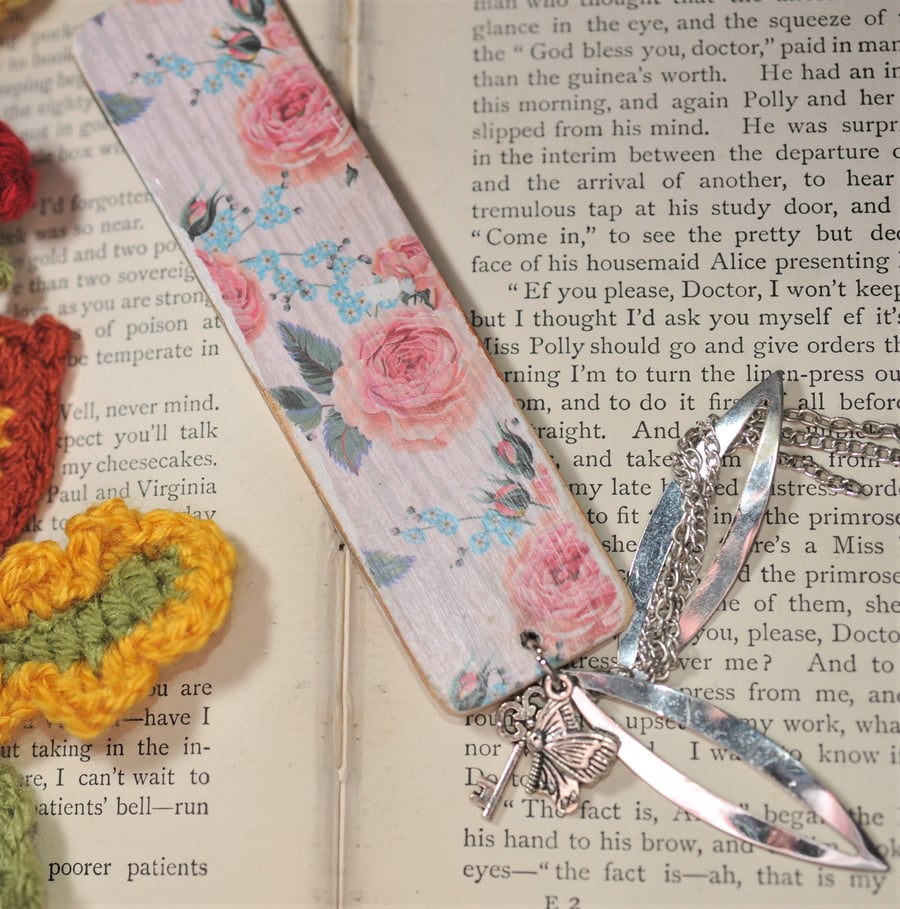 Pink rose decoupage bookmark (small)