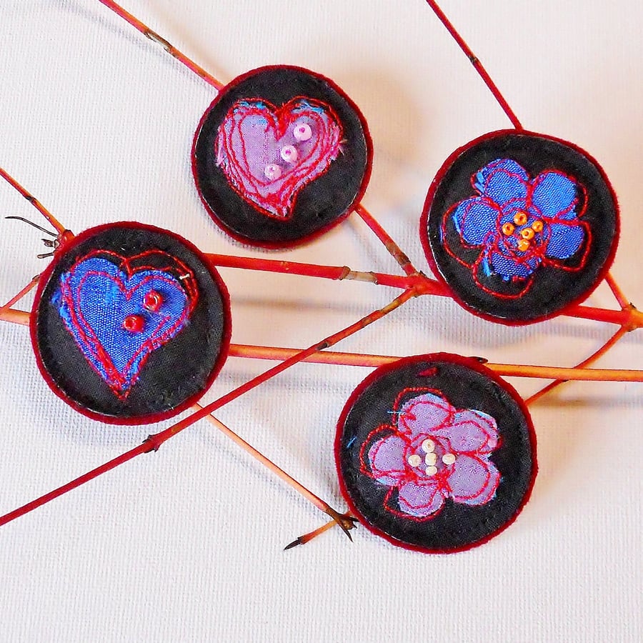 SALE Silk Heart and Flower Brooches -  Christmas Stocking filler 