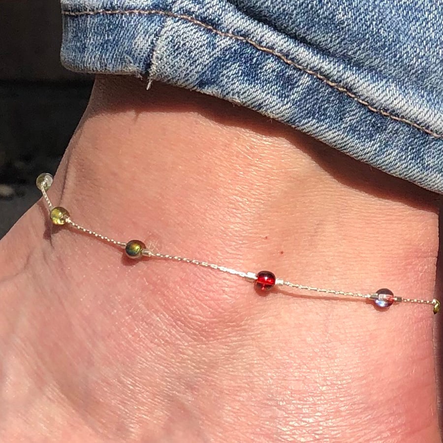 Rainbow Czech Glass Sterling Silver Anklet