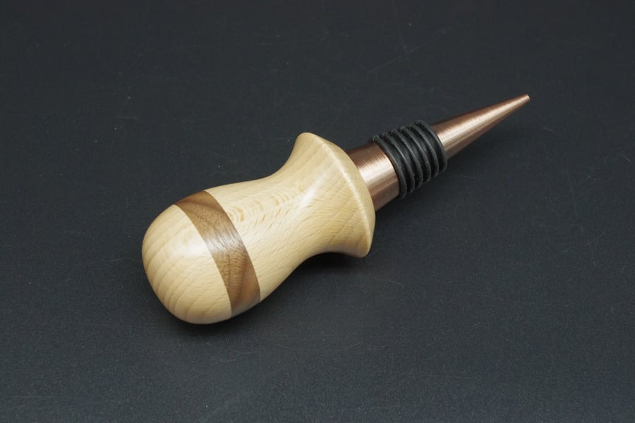 Hand Turned Wooden Bottle Stopper, Scottish Beech With Walnut Stripe.