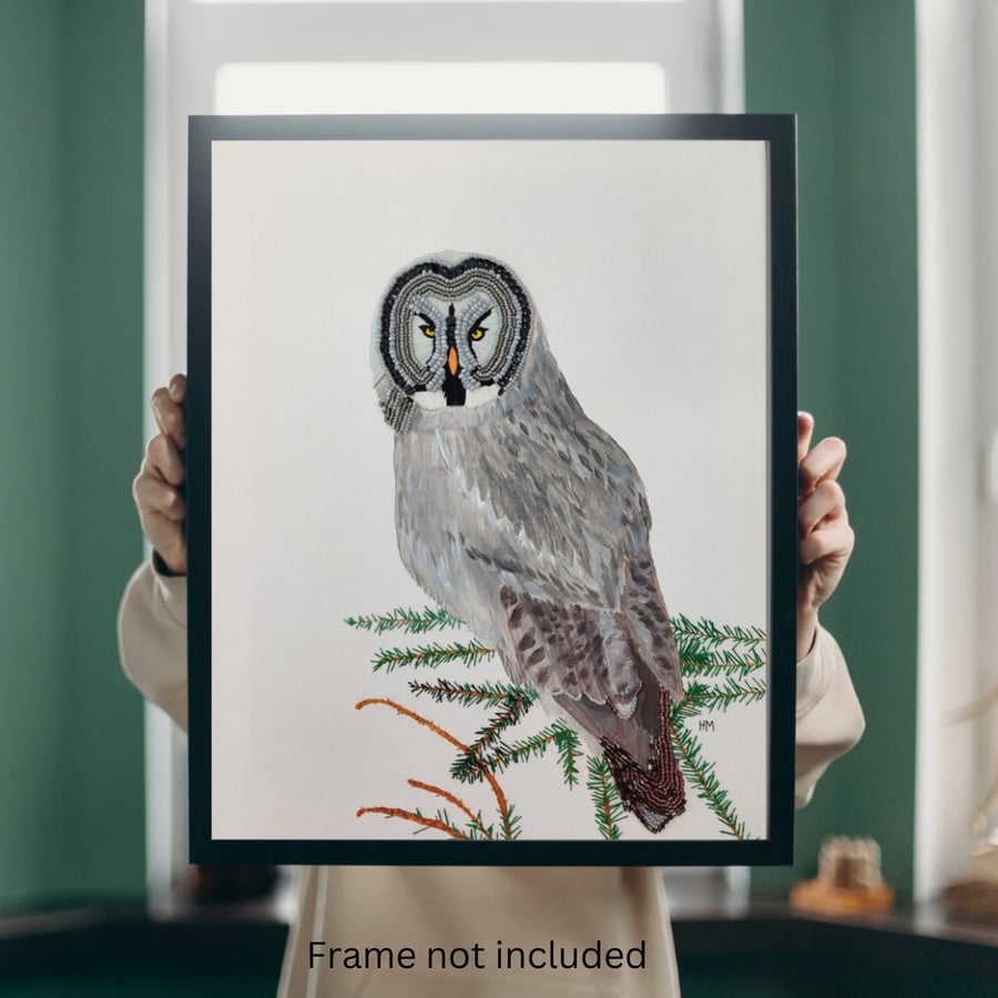 Original Great Grey Owl mixed media canvas painting