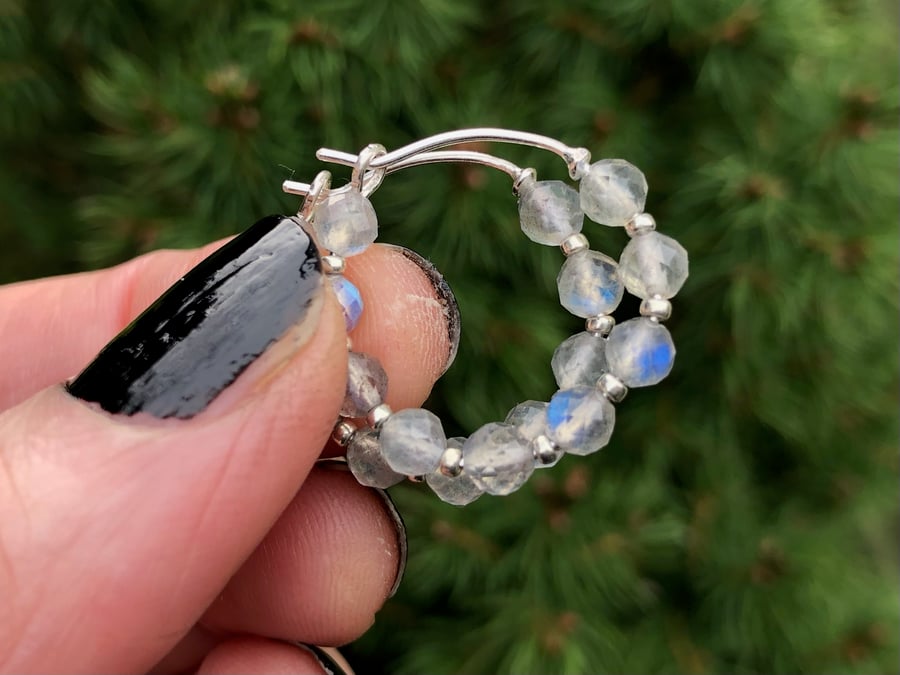Small Labradorite Beaded Hoops. Flashy Gemstone Bead Hoop Earrings