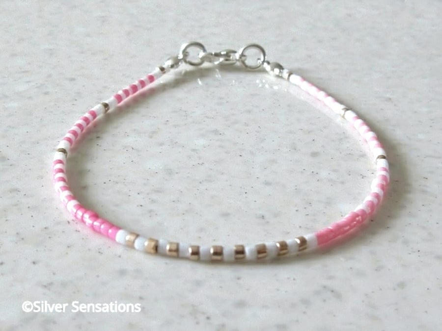 Pink & White Stripey Seed Bead Friendship Bracelet - Boho Bracelet - 6.5" - 8.5"