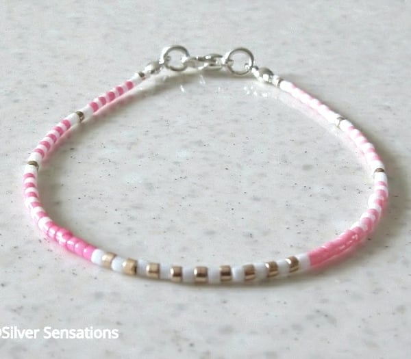 Pink & White Stripey Seed Bead Friendship Bracelet - Boho Bracelet - 6.5" - 8"