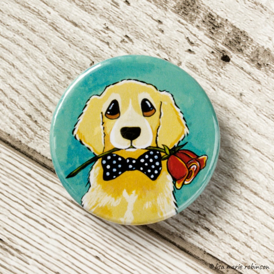 Golden Retriever with Red Rose Button Badge - 38mm