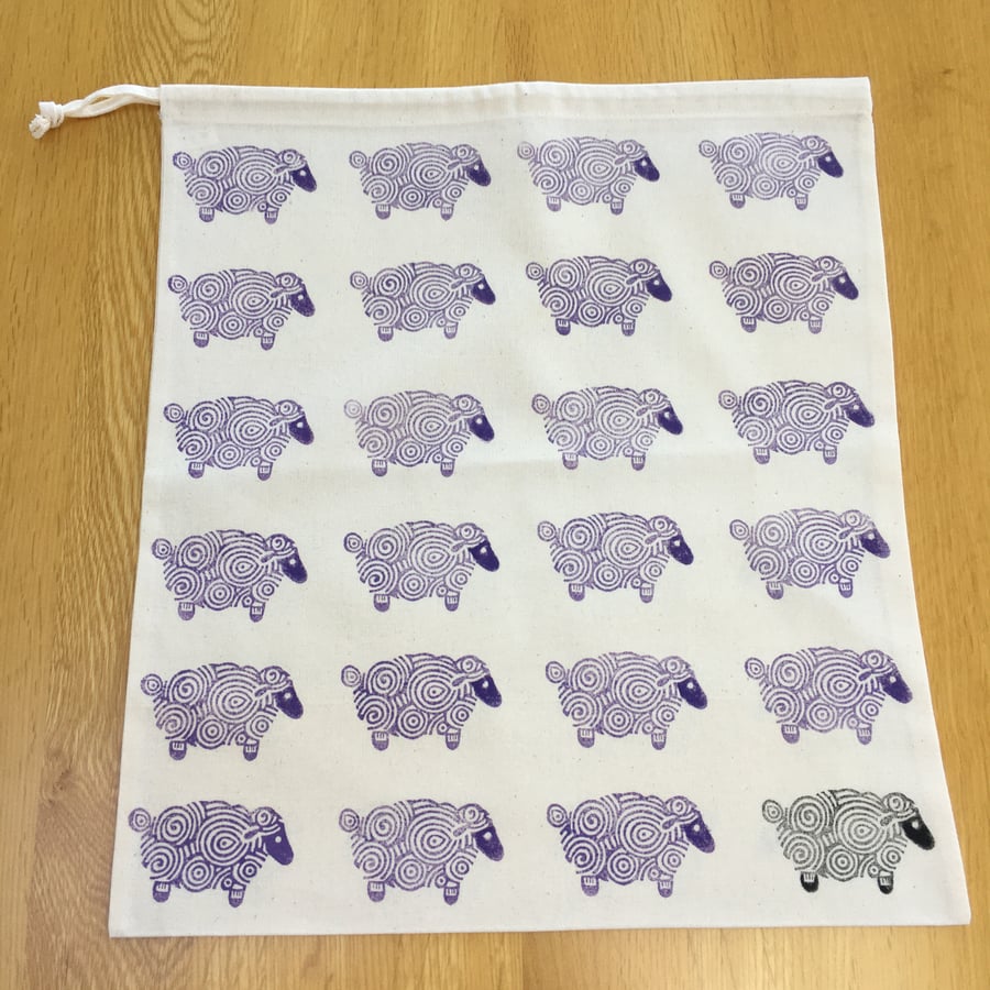 Large Hand Block Printed Cotton Drawstring Bag - Sheep