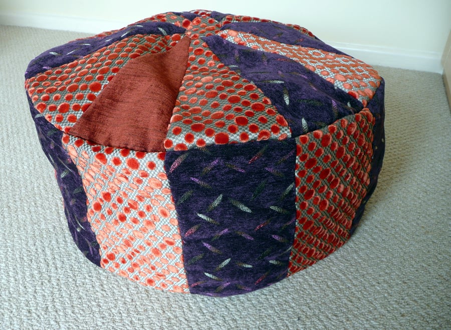 Floor cushion, Pouffe, foot stool, bean bag, purple & orange patchwork fabric 