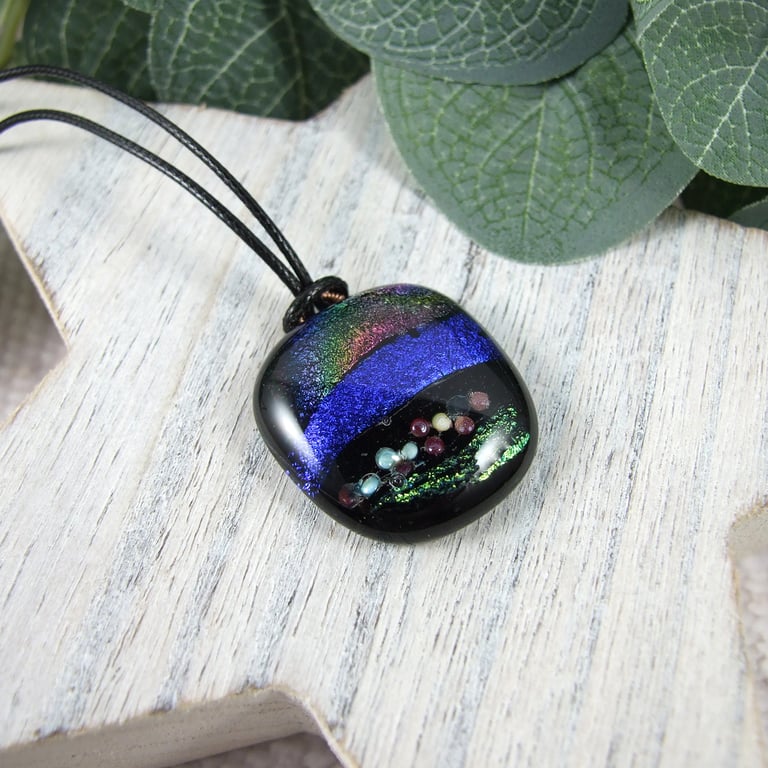 Sparkly Dichroic Glass Abstract Pattern Necklace. Adjustable Length Waxed Cord