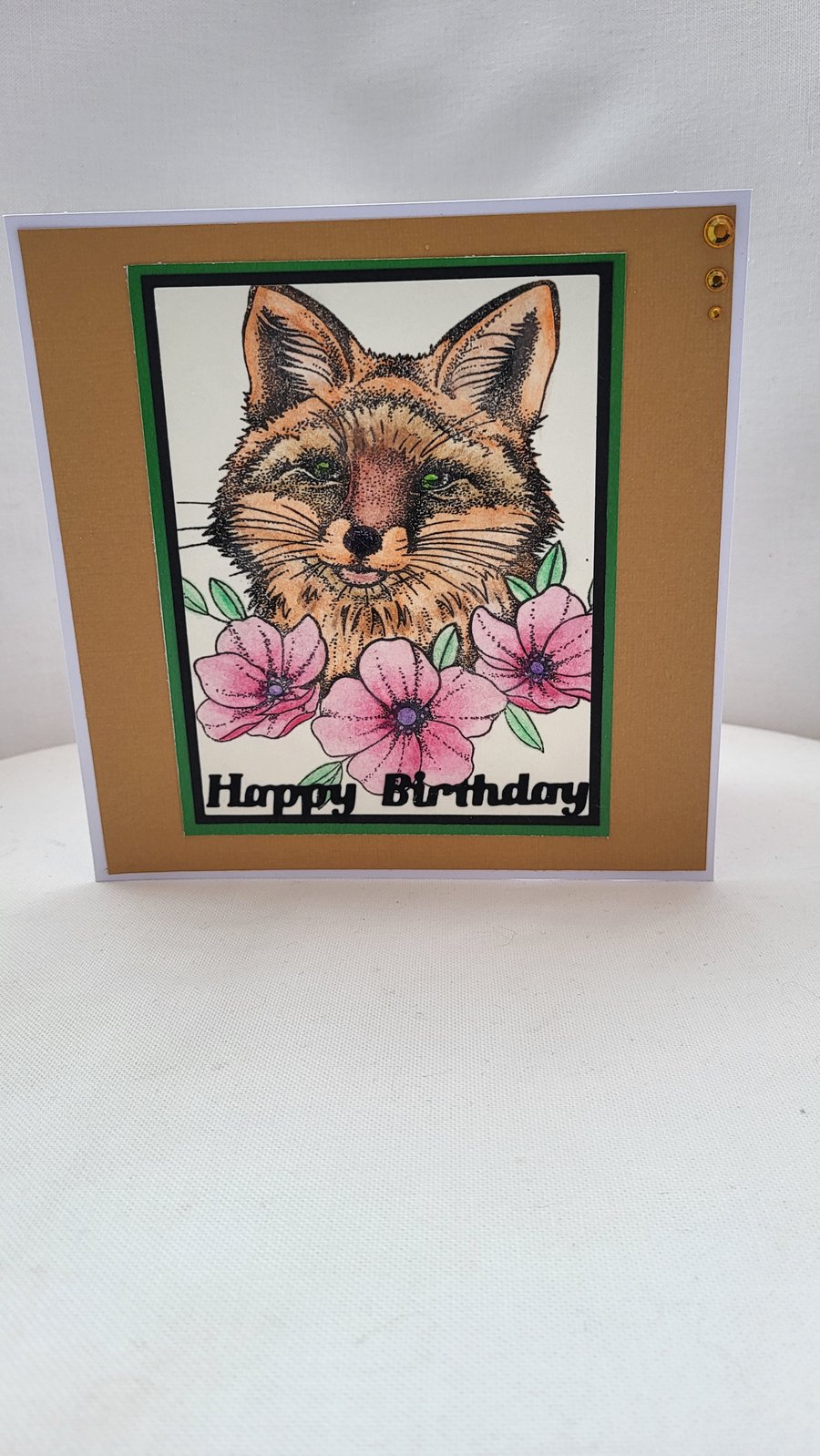 Handmade greeting card.  Fox and flowers. 