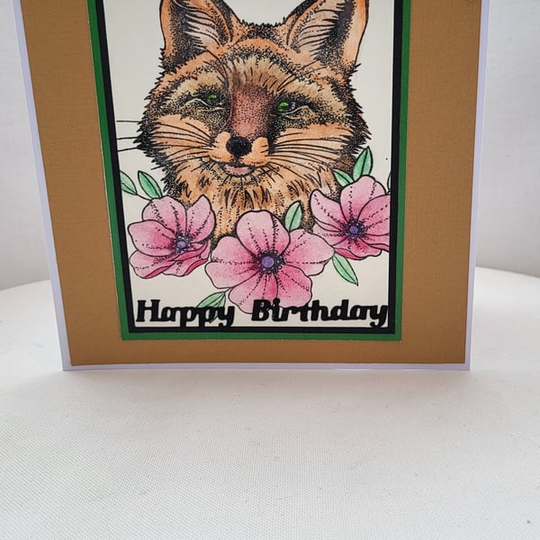 Handmade greeting card.  Fox and flowers. 