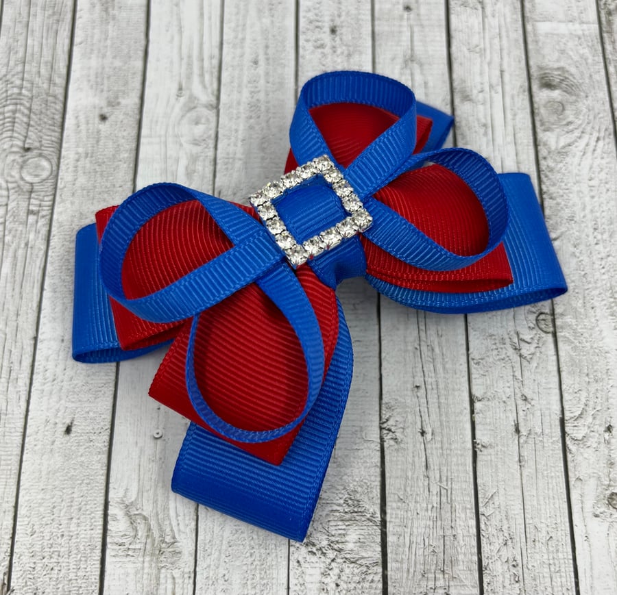 Royal Blue and Red Double Layer Bow with Royal Blue Loops on Clip