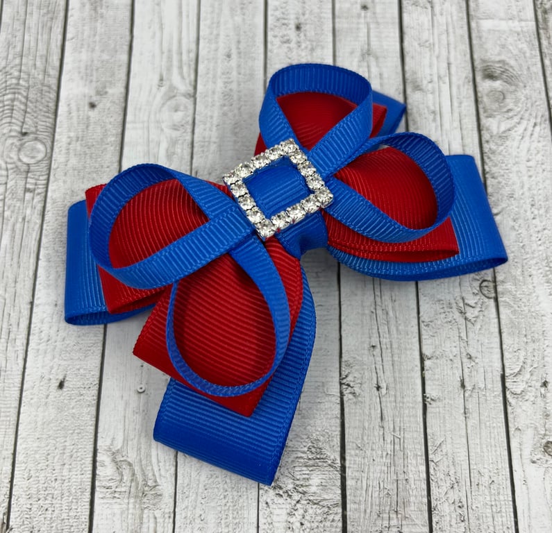 Royal Blue and Red Double Layer Bow with Royal Blue Loops on Clip