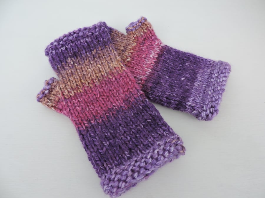 Chunky Knit Fingerless Mitts  Pink Purple Lilac and Taupe